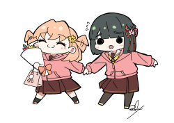  2girls :o ^_^ absurdres bloom_garden_party_jacket blunt_bangs blunt_ends bob_cut bouquet brown_dress c: cerise_bouquet closed_eyes closed_mouth commentary_request deformed dress flower flower_knot flying_sweatdrops full_body green_hair hair_flower hair_ornament hair_wagging hasu_no_sora_school_uniform highres hinoshita_kaho holding holding_bouquet long_sleeves love_live! love_live!_hasu_no_sora_jogakuin_school_idol_club love_live!_hasu_no_sora_jogakuin_school_idol_club_bloom_garden_party medium_dress momose_ginko multiple_girls neckerchief oofushi_ao open_mouth pink_flower pleated_dress pulling sailor_collar sailor_dress school_uniform short_hair signature simple_background smile solid_circle_eyes split_mouth two_side_up virtual_youtuber white_background white_sailor_collar winter_uniform yellow_flower yellow_neckerchief 