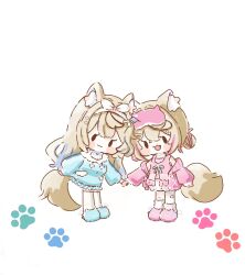  2girls animal_ears bandana blonde_hair blue_slippers blush_stickers cardigan chibi chibi_only closed_mouth commentary dog_ears dog_girl dog_tail fang flower full_body fuwawa_abyssgard fuwawa_abyssgard_(pajamas) hair_flower hair_ornament hairclip highres holding_hands hololive hololive_english long_hair looking_at_viewer mococo_abyssgard mococo_abyssgard_(pajamas) multicolored_hair multiple_girls open_cardigan open_clothes open_mouth paw_print paw_print_background pink_cardigan pink_slippers saisasae short_hair siblings simple_background sisters sleep_mask slippers streaked_hair tail twins white_background 