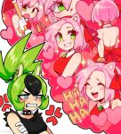  2girls amy_rose anger_vein animal_ears black_hair blue_eyes blush breasts ciosuii clenched_teeth collar dress ear_piercing green_eyes green_hair grin hairband hammer heart highres holding holding_hammer humanization laughing multicolored_hair multiple_girls open_mouth piercing ponytail red_dress red_hairband shirt sleeveless sleeveless_shirt smile sonic_(series) spiked_collar spikes surge_the_tenrec tearing_up teeth 