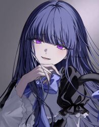  1girl blue_bow blue_bowtie bow bowtie frederica_bernkastel frilled_sleeves frills gothic_lolita grey_background head_tilt highres lolita_fashion long_hair looking_at_viewer open_mouth puffy_short_sleeves puffy_sleeves purple_hair seina1211 short_sleeves simple_background smile solo umineko_no_naku_koro_ni upper_body violet_eyes wide_sleeves 