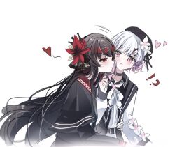  !? 2girls artist_request beret black_choker black_hair black_hat black_shirt blush chinese_commentary choker closed_mouth commentary_request commission flower gradient_hair hair_flower hair_ornament hand_on_another's_waist hat heart highres long_hair long_sleeves mahou_shoujo_no_majo_saiban multicolored_hair multiple_girls neck_ribbon nikaido_hiro open_mouth pink_eyes pink_hair profile red_eyes ribbon sailor_collar sakuraba_ema second-party_source shirt short_hair smile upper_body white_background white_flower white_hair white_ribbon x_hair_ornament 