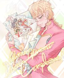  1boy aerosmith_(stand) aqua_eyes birthday blonde_hair blush bouquet braid bullet character_name closed_mouth commentary_request earrings flower food fruit giorno_giovanna gun happy_birthday high_collar highres holding holding_bouquet jacket jewelry jojo_no_kimyou_na_bouken key korean_commentary long_hair male_focus mdmd08_jojo mr.president_(stand) pectorals pink_jacket single_braid smile solo stand_(jojo) strawberry stud_earrings vento_aureo weapon wing_ornament zipper zipper_pull_tab 