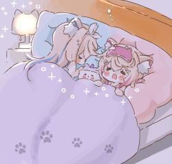  2girls animal_ear_fluff animal_ears bandana bed blanket blonde_hair chibi chibi_only commentary dog_ears dog_girl english_commentary facing_viewer flower from_above from_side fuwawa_abyssgard hair_flower hair_ornament hairclip hololive hololive_english lamp lying mococo_abyssgard multicolored_hair multiple_girls on_bed on_side paw_print perroccino_(fuwamoco) saisasae siblings sisters sleeping squeans streaked_hair twins under_covers 