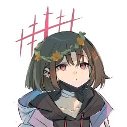  1girl absurdres bandage_on_neck black_hair black_hoodie black_mask blue_archive closed_mouth commentary cross_halo ear_ornament flower_ring halo highres hood hooded_jacket hoodie jacket looking_up mask mask_pull misaki_(blue_archive) mouth_mask red_eyes red_halo short_hair simple_background solo untranslatable_commentary upper_body white_background white_jacket ziid_(ziid69) 