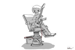  1girl absurdres amplifier barefoot cable chair commentary electric_guitar greyscale guitar highres holding holding_guitar holding_instrument instrument kaduise monochrome no_pants on_chair original oversized_clothes oversized_shirt shirt short_hair short_sleeves signature simple_background solo spot_color 