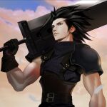 1boy armor belt black_hair blue_eyes blue_shirt buster_sword clouds cloudy_sky crisis_core_final_fantasy_vii falling_feathers final_fantasy final_fantasy_vii gloves hair_slicked_back highres looking_to_the_side male_focus medium_hair multiple_belts muscular muscular_male outdoors over_shoulder rock_cr scar scar_on_cheek scar_on_face shirt shoulder_armor sideburns sky sleeveless sleeveless_turtleneck solo suspenders turtleneck upper_body weapon weapon_over_shoulder zack_fair