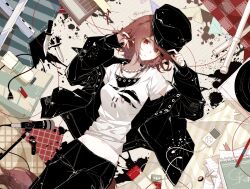  1girl alternate_costume arknights artist_name bead_necklace beads black_hat black_jacket black_pants blush bottle breasts cable cigarette cowboy_shot crownslayer_(arknights) earphones earphones extra_ears floppy_ears from_above hair_ornament hairclip hand_in_own_hair hand_on_headwear hat highres hyena_ears hyena_girl ink_splatter ipod ipod_classic jacket jewelry knife lighter long_sleeves looking_at_viewer lying medium_breasts microphone microphone_stand midriff mp3_player necklace notebook on_back open_clothes open_jacket pants parted_lips playing_with_own_hair red_eyes red_hair reunion_logo_(arknights) shadow71580825 shirt solo ticket white_shirt 