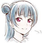  1girl anibache bangs birthday blue_hair commentary hair_bun long_hair looking_at_viewer love_live! love_live!_sunshine!! portrait red_eyes single_side_bun smile solo tsushima_yoshiko white_background 