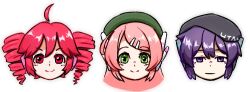  3girls ahoge beret black_hat closed_mouth copyright_name drill_hair expressionless green_eyes green_hat hair_ornament hairclip hat head_only headphones jitome kasane_teto kasane_teto_(utau) long_hair looking_at_viewer momone_momo multiple_girls pink_hair purple_hair red_eyes red_hair robot_ears saruyama_ushirou short_hair simple_background smile twin_drills utane_uta utau white_background 