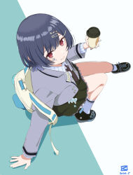  1girl alternate_hair_length_(shorter) aqua_background aqua_nails backpack bag black_shoes black_skirt blazer blue_hair brown_necktie commentary cup disposable_coffee_cup disposable_cup from_above full_body grey_jacket hair_ornament hairpin highres holding holding_cup idolmaster idolmaster_shiny_colors idolmaster_shiny_colors_song_for_prism jacket long_sleeves looking_at_viewer looking_up miyahara_takuya morino_rinze multiple_hairclips necktie official_alternate_costume official_alternate_hairstyle open_clothes open_jacket red_eyes school_uniform shoes short_hair signature sitting skirt smile socks solo sticker sticker_on_face two-tone_background white_background white_socks yellow_bag 