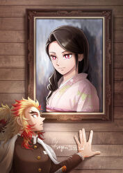  1boy 1girl black_hair blonde_hair cape closed_mouth commentary_request highres japanese_clothes kimetsu_no_yaiba portrait_(object) red_eyes red_hair rengoku_kyoujurou rengoku_ruka upper_body white_cape yuya-art 