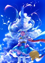  1girl ahoge blue_cape blue_dress blue_eyes blue_hair blush bow brooch cape closed_mouth clouds cloudy_sky colored_petticoat commentary_request cure_sky cut_bangs detached_sleeves diagonal_bangs dress dress_bow earrings fingerless_gloves floating_hair frilled_dress frills gloves gradient_hair hair_ornament highres hirogaru_sky!_precure jewelry long_hair looking_at_viewer magical_girl medium_dress multicolored_dress multicolored_hair petticoat pink_bow pink_hair precure puffy_detached_sleeves puffy_sleeves red_cape rui_memo single_bare_shoulder single_earring single_hair_streak single_sidelock sky sleeveless sleeveless_dress smile solo sora_harewataru sphere_earrings streaked_hair twintails two-sided_cape two-sided_fabric two-tone_dress two-tone_hair very_long_hair white_dress white_gloves wing_brooch wing_hair_ornament 