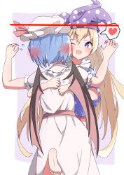  2girls :d ;d absurdres american_flag american_flag_dress american_flag_print barefoot bat_wings blonde_hair blue_hair clownpiece commentary_request commission flag_print hair_blush hat hat_ribbon heart height_difference highres hug jester_cap leg_up long_hair mob_cap multiple_girls neck_ruff one_eye_closed pink_hat pink_shirt pink_skirt pixiv_commission polka_dot polka_dot_headwear purple_hat remilia_scarlet ribbon saimu_taju shirt short_sleeves skirt skirt_set smile soles spoken_heart star_(symbol) star_print toes touhou violet_eyes wings 