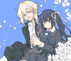  1boy 1girl black_capelet black_hair blue_background bow bowtie brown_eyes capelet closed_eyes collared_shirt commentary_request flower gakuran honma_misuzu long_hair mydandeliongirl natsume_kei_(sakura_no_uta) petals sakura_no_toki sakura_no_uta school_uniform shirt short_hair simple_background smile twintails white_hair 