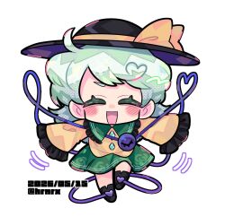  1girl :d black_boots black_hat blush boots bow buttons chibi chibi_only closed_eyes collared_shirt dated diamond_button disembodied_linked_eye eyeball facing_viewer floral_print frilled_shirt_collar frilled_sleeves frills full_body green_hair green_skirt harunori_(hrnrx) hat hat_bow heart heart_of_string highres komeiji_koishi long_sleeves open_mouth outstretched_arms print_skirt rose_print shirt simple_background skirt smile solo spread_arms touhou twitter_username white_background wide_sleeves yellow_bow yellow_shirt 
