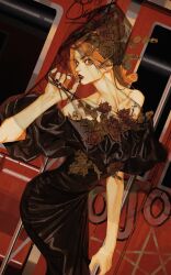  absurdres black_dress black_veil brown_eyes chinese_commentary collarbone commentary_request cowboy_shot dress fingernails floral_print floral_print_veil hand_up highres jojo_no_kimyou_na_bouken kujo_jolyne long_hair looking_at_viewer orange_hair parted_lips print_veil red_lips red_nails ringpullwww stone_ocean turning_head veil 