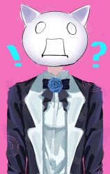 !? 1girl ado_(utaite) black_bow black_bowtie black_coat blue_flower blue_rose bow bowtie carlos_jpg chando_(ado) coat commentary flower highres long_sleeves mask mask_on_head open_clothes open_coat pink_background rose shirt simple_background solo untranslatable_commentary upper_body utaite white_shirt 
