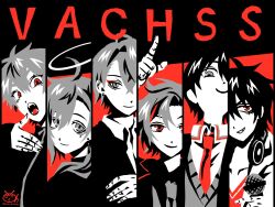  ahoge black_hair closed_mouth column_lineup commentary crossed_arms crossed_bangs double-parted_bangs dress_shirt earrings eyeshadow fangs fingernails fuwa_minato fuwa_minato_(2nd_costume) grey_eyes grey_hair grin group_name hair_between_eyes halo head_tilt headphones headphones_around_neck highres holding holding_microphone jewelry kagami_hayato kagami_hayato_(1st_costume) kanae_(8th_costume)_(nijisanji) kanae_(nijisanji) kenmochi_touya kenmochi_touya_(1st_costume) kuzuha_(1st_costume)_(nijisanji) kuzuha_(nijisanji) limited_palette long_fingernails long_sleeves looking_at_viewer low_ponytail makeup male_focus microphone mole mole_under_eye necktie nijisanji no_lineart open_collar open_mouth pointing pointing_up ponytail red_eyes red_eyeshadow red_necktie red_theme sanpaku school_uniform sharp_fingernails shirt side_part side_ponytail signature slit_pupils smile sweater_vest tareme tsurime twitter_username v-shaped_eyebrows vancho_vakurets virtual_youtuber wide-eyed wing_collar yumeoi_kakeru yumeoi_kakeru_(1st_costume) 