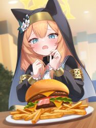  1girl animal_ears armlet black_robe black_veil blue_archive blue_eyes blush bracelet burger coif commentary ears_under_headwear flower food french_fries gold_armlet hair_between_eyes halo hands_up highres indoors jewelry long_hair mari_(blue_archive) nun open_mouth orange_hair plate robe sailor_collar shinori_(efvbji6264) solo table upper_body veil white_flower white_sailor_collar yellow_halo 