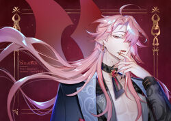  1boy aged_up ahoge artist_name aster_(nu_carnival) bat_wings bishounen black_choker black_jacket black_nails blood blood_from_mouth blood_on_face blood_on_hand blood_on_neck choker commentary_request cross cross_earrings curtained_hair earrings facebook_username fangs finger_to_own_chin fingernails floating_hair gem hair_over_one_eye half-closed_eyes inset_border jacket jewelry light_particles long_hair looking_at_viewer male_focus nu_carnival official_alternate_costume official_alternate_hairstyle open_clothes open_jacket parted_bangs parted_lips pectoral_cleavage pectorals pink_eyes pink_hair plurk_username pointy_ears red_background red_gem shaiichu sharp_fingernails solo vampire very_long_hair wings wolf_cut 