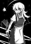  1girl absurdres apron bangs breasts broom commentary cookie_(touhou) feet_out_of_frame glasses greyscale hair_between_eyes highres holding holding_broom jijii_(nicoseiga91467756) kirisame_marisa long_hair looking_at_viewer medium_breasts monochrome open_mouth parody puffy_short_sleeves puffy_sleeves rectangular_eyewear scotch_(cookie)_(style) short_sleeves skirt skirt_set smile solo star_(sky) star_(symbol) style_parody touhou turtleneck uzuki_(cookie) vest waist_apron 