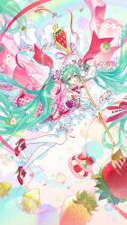  1girl absurdres apron baicongdantui blush commentary_request dessert detached_sleeves dress fingernails flower food fork frilled_apron frilled_hairband frills fruit full_body green_eyes green_hair hair_between_eyes hair_flower hair_ornament hair_ribbon hairband hatsune_miku highres holding holding_fork long_hair long_sleeves maid_apron maid_headdress miku_day musical_note musical_note_print musical_staff musical_staff_print open_mouth oversized_fork oversized_object red_ribbon ribbon simple_background sleeveless sleeveless_dress smile solo strawberry strawberry_miku_(morikura) strawberry_slice twintails very_long_hair vocaloid white_apron white_background white_dress white_sleeves 
