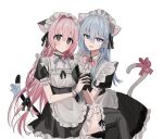  2girls :d alternate_costume animal_ear_fluff animal_ears apron bangs black_dress blue_bow blue_eyes blue_hair blue_ribbon blush bow breasts cat_ears cat_girl cat_tail chihuri closed_mouth collarbone collared_dress commentary_request cross cross_earrings dress earrings enmaided feet_out_of_frame frilled_apron frilled_dress frilled_legwear frills hair_between_eyes jewelry kemonomimi_mode latin_cross long_hair maid maid_headdress medium_breasts multiple_girls neck_ribbon original pink_bow pink_hair puffy_short_sleeves puffy_sleeves ribbon short_sleeves simple_background small_breasts smile tail tail_bow tail_ornament thigh-highs very_long_hair violet_eyes white_apron white_background 