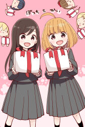  6+girls ahoge black_hair black_shirt black_skirt blonde_hair box brown_eyes brown_hair commentary_request gift gift_box highres hitori_bocchi hitoribocchi_no_marumaru_seikatsu holding holding_gift honshou_aru huge_ahoge katsuwo_(cr66g) kurai_kako long_skirt long_sleeves multiple_girls official_art pleated_skirt red_eyes school_uniform shirt side_ponytail skirt sotoka_rakita sunao_nako translation_request yawara_kai 