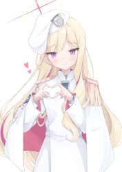  1girl aiguillette beret blonde_hair blonde_student_council_president_(blue_archive) blue_archive blue_eyes cape epaulettes four-finger_heart_hands halo hat heart heart_hands highres long_hair looking_at_viewer medal multicolored_hair multicolored_halo red_halo red_streaks shoulder_strap single_epaulette smile solo streaked_hair two-tone_halo white_background white_cape white_hat yuki_(user_tjvn3757) 