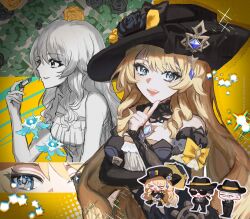 1girl 2boys absurdres alternate_costume armpits bare_shoulders black_flower black_hat blonde_hair blue_eyes bow bowtie breasts chibi chibi_inset detached_sleeves dress flower genshin_impact hat highres jewelry lipstick makeup multicolored_dress multiple_boys multiple_views navia_(genshin_impact) necklace pa_383xx sketch small_breasts smile solo_focus wavy_hair yellow_bow yellow_bowtie yellow_flower 