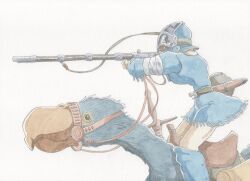  1girl aiming aviator_cap belt black_belt blue_boots blue_dress boots commentary_request creature dress feet_out_of_frame from_side gun holding holding_gun holding_reins holding_weapon kaufmann_bach kaze_no_tani_no_nausicaa knee_boots knife_sheath long_sleeves nausicaa profile reins riding rifle saddle saddlebags sheath sheathed short_dress simple_background solo standing sword traditional_media weapon 