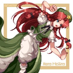  beret black_shoes blue_eyes bow braid china_dress chinese_clothes commentary_request curtained_hair dress fio6786 frilled_sleeves frills green_hat green_vest hair_bow hat hat_ornament highres hong_meiling meander meiling_day open_mouth outside_border pixel_art puffy_short_sleeves puffy_sleeves red_hair shoes short_sleeves star_(symbol) star_hat_ornament touhou twin_braids twitter_username vest white_background 