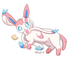  :o blue_eyes bright_pupils cracker food highres lying no_humans open_mouth pokemon pokemon_(creature) pokemon_focus shadow simple_background sylveon tl_peng white_background white_pupils 