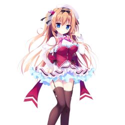  >:) 1girl back_bow black_bow blue_eyes blush bow bowtie breasts brown_thighhighs buttons closed_mouth dress feet_out_of_frame frilled_dress frills game_asset garter_straps hair_bow hair_intakes hand_on_own_hip hand_up hat highres hitohira_kazane juliet_sleeves koi_suru_kokoro_to_mahou_no_kotoba large_breasts large_variant_set long_hair long_sleeves looking_at_viewer non-web_source orange_hair pink_bow pink_bowtie puffy_sleeves red_bow red_vest self-datamine shiromochi_sakura short_dress simple_background solo standing thigh-highs transparent_background two_side_up v-shaped_eyebrows variant_set vest white_dress white_hat 