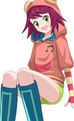  1girl :d absurdres arm_support beamed_eighth_notes blue_boots blush boots commentary feet_out_of_frame fingerless_gloves gloves green_eyes green_shorts head_tilt highres hood hood_up hoodie invisible_chair knees_together_feet_apart looking_at_viewer mega_man_(series) mega_man_star_force_(series) multicolored_gloves musical_note musical_note_print open_mouth pink_gloves pink_hair pink_hoodie print_hoodie short_hair short_shorts shorts simple_background sitting smile solo sonia_strumm_(mega_man) striped_clothes striped_gloves swept_bangs three-quarter_sleeves two-tone_gloves white_background yellow_gloves youjinbou_(lizardman730) 