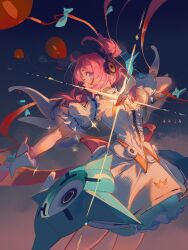  1girl absurdres aqua_hair aria_(human)_(zenless_zone_zero) aria_(zenless_zone_zero) blue_eyes bridal_gauntlets center_frills cowboy_shot detached_collar dress fingerless_gloves frills furioso gloves highres looking_at_viewer multicolored_hair pink_gloves pink_hair quad_tails solo star-shaped_pupils star_(symbol) symbol-shaped_pupils white_bridal_gauntlets white_dress white_wings wings zenless_zone_zero 