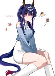  1girl aqua_shirt arknights blue_hair ch'en_(arknights) clothing_request double_bun dragon_girl dragon_horns dragon_tail dress english_commentary english_text flower food hair_bun highres hill_chuchu horns looking_at_viewer pudding red_eyes shirt simple_background sitting solo tail white_background white_dress 