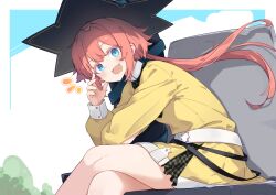  1girl :d ahoge belt black_hat black_shirt blue_eyes blue_sky blush border clouds collared_shirt commentary_request contrast_collar double-parted_bangs dress from_side hair_between_eyes hat highres large_hat long_hair long_sleeves looking_at_viewer low_twintails open_mouth outside_border red_hair shirt sidelocks sitting sky smile snack_nili solo thighs tor_(snack_nili) totomono tree turning_head twintails virtual_youtuber white_border yellow_dress 
