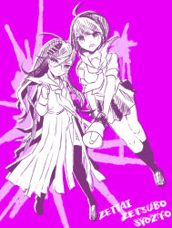  0kn9kt2 2girls ahoge closed_mouth collared_shirt commentary_request copyright_name danganronpa_(series) danganronpa_another_episode:_ultra_despair_girls eyelashes fukawa_toko full_body glasses hair_between_eyes hatching_(texture) holding holding_megaphone long_hair long_skirt long_sleeves megaphone monochrome multiple_girls naegi_komaru neckerchief open_mouth pink_background scar scar_on_leg school_uniform serafuku shirt shoes short_hair short_sleeves simple_background skirt socks split_mouth tally teeth thigh-highs torn_clothes torn_skirt upper_teeth_only 