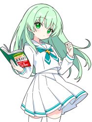  1girl blush book closed_mouth commentary_request cowboy_shot dot_nose green_eyes green_hair green_neckerchief highres holding holding_book kotatsu-mazoku long_hair long_sleeves looking_at_viewer neckerchief open_book original pleated_skirt sailor_collar school_uniform serafuku shirt simple_background skirt solo thigh-highs white_background white_sailor_collar white_serafuku white_shirt white_skirt white_thighhighs zettai_ryouiki 