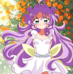  1girl ahoge akechi_anna aqua_eyes biwako_(biwa27) cure_answer double_bun dress flower hair_bun hair_intakes highres long_hair looking_at_viewer meitantei_precure! orange_flower precure purple_hair side_up_bun sleeveless sleeveless_dress smile solo very_long_hair white_dress 