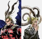  2boys all_might black_jacket black_sclera blonde_hair blood blood_from_mouth blue_cape blue_eyes bodysuit boku_no_hero_academia cape colored_sclera commentary curled_horns english_commentary formal goat_horns grin hand_on_own_chin horns jacket long_sleeves looking_at_viewer male_focus mishima_(msm_mha) multiple_boys red_bodysuit short_hair sidelocks simple_background smile split_screen suit suit_jacket teeth upper_body white_background yagi_toshinori 