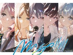  5girls absurdres bang_dream! bang_dream!_it's_mygo!!!!! black_hair blue_eyes brown_eyes chihaya_anon drum drumsticks grey_eyes guitar highres instrument kaname_raana letter logo looking_at_viewer microphone multiple_girls mygo!!!!!_(bang_dream!) nagasaki_soyo pink_hair shiina_taki shirt takamatsu_tomori tumaomao violet_eyes white_shirt 