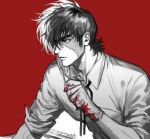  1boy bangs black_jack_(character) black_jack_(series) blood blood_on_gloves gloves greyscale hair_between_eyes kanapy male_focus monochrome multicolored_hair parted_lips patchwork_skin red_eyes shirt short_hair signature simple_background sketch sleeves_rolled_up spot_color upper_body 