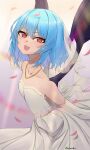  1girl :d bangs bat_wings blue_hair breasts bridal_gauntlets bridal_veil dress fang highres jewelry katsukare looking_at_viewer necklace open_mouth red_eyes remilia_scarlet small_breasts smile solo strapless strapless_dress touhou veil wedding_dress white_dress wings 