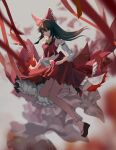  1girl ascot bangs black_hair blurry bobby_socks bow brown_eyes commentary depth_of_field detached_sleeves fish frilled_bow frilled_skirt frills full_body hair_bow hakurei_reimu highres long_hair looking_at_viewer momosemomose okobo red_bow red_ribbon red_skirt red_vest ribbon skirt socks solo touhou vest white_sleeves white_socks yellow_ascot 