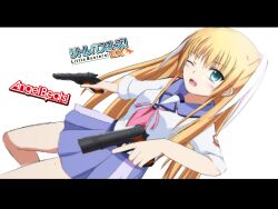  1girl :d ;d angel_beats! blonde_hair blue_sailor_collar blue_skirt blush commentary company_connection copyright_name cosplay cowboy_shot dual_wielding dutch_angle green_eyes gun hair_ribbon handgun highres holding holding_gun holding_weapon key_(company) lelie_(lelie_link) letterboxed little_busters! long_hair long_sleeves looking_at_viewer m1911 miniskirt nakamura_yuri nakamura_yuri_(cosplay) neckerchief one_eye_closed open_mouth pink_neckerchief pleated_skirt ribbon sailor_collar sailor_shirt sakurai_harumi school_uniform serafuku shinda_sekai_sensen_uniform shirt simple_background skirt sleeves_rolled_up smile solo straight_hair tokido_saya very_long_hair voice_actor_connection weapon white_background white_ribbon white_shirt 