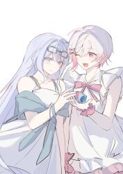  2girls absurdres alternate_costume artist_request bare_shoulders blue_eyes blue_hair chinese_commentary commentary_request commission dress eyewear_on_head gradient_hair highres holding_seashell long_hair mahou_shoujo_no_majo_saiban multicolored_hair multiple_girls neck_ribbon one_eye_closed open_mouth pink_eyes pink_hair pink_ribbon ribbon sakuraba_ema second-party_source short_hair simple_background sleeveless sleeveless_dress smile spoilers tsukishiro_yuki white_background white_dress white_hair 