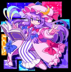  1girl :o abstract_background black_background black_border blue_background blue_bow blue_ribbon book border bow casting_spell commentary_request crescent crescent_hat_ornament double-parted_bangs double_bun dress floating floating_book floating_hair floating_object frilled_sleeves frills hair_between_eyes hair_bow hair_bun hat hat_ornament hat_ribbon highres ishiki_nuru jacket jacket_bow layered_sleeves long_hair long_sleeves looking_at_viewer magic mob_cap open_book open_mouth orange_background outline outstretched_arms patchouli_knowledge pink_hat pink_jacket pink_shoes purple_background purple_dress purple_hair reading red_background red_bow red_ribbon ribbon shoes short_over_long_sleeves short_sleeves signature solo striped_clothes striped_dress touhou violet_eyes white_dress white_outline 