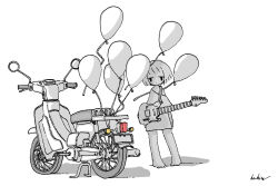  1girl absurdres arms_at_sides balloon barefoot commentary electric_guitar greyscale guitar highres instrument kaduise looking_at_viewer monochrome motor_vehicle motorcycle no_pants original oversized_clothes oversized_shirt shirt short_hair single_off_shoulder solo spot_color standing 
